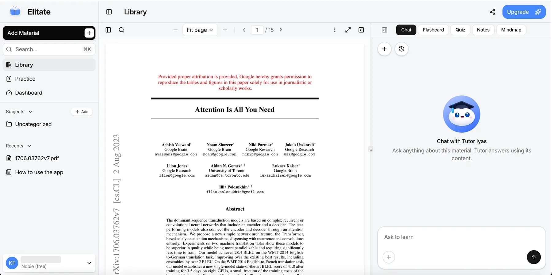Elitate study workflow: material upload, practice, and progress